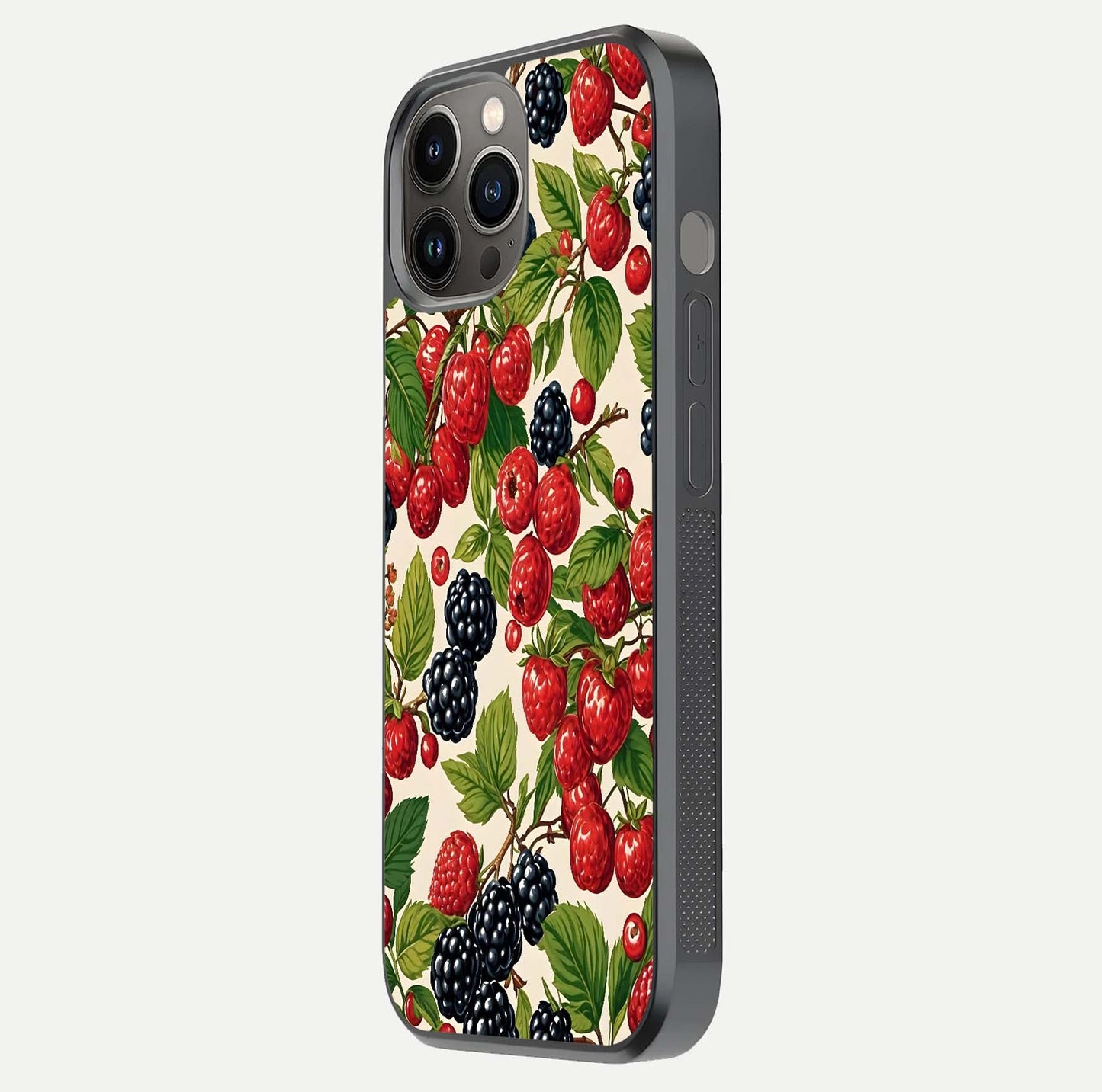Mixed Berry Collage Glass Case for iPhone 12 Pro Max side-angle image showing reflection and HD fruit texture