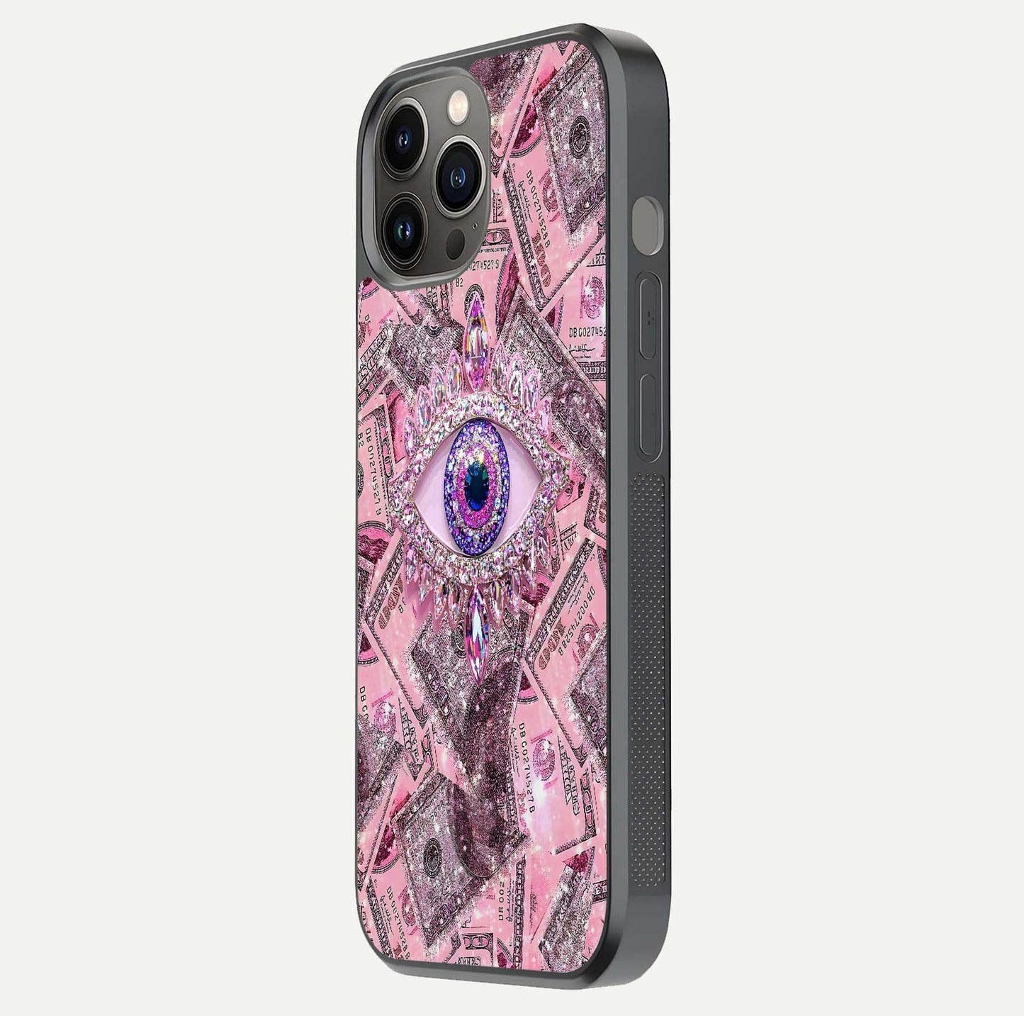 Money Eye Luxe Glass Case for iPhone 12 Pro Max side-angle image showing HD reflection and luxury print clarity