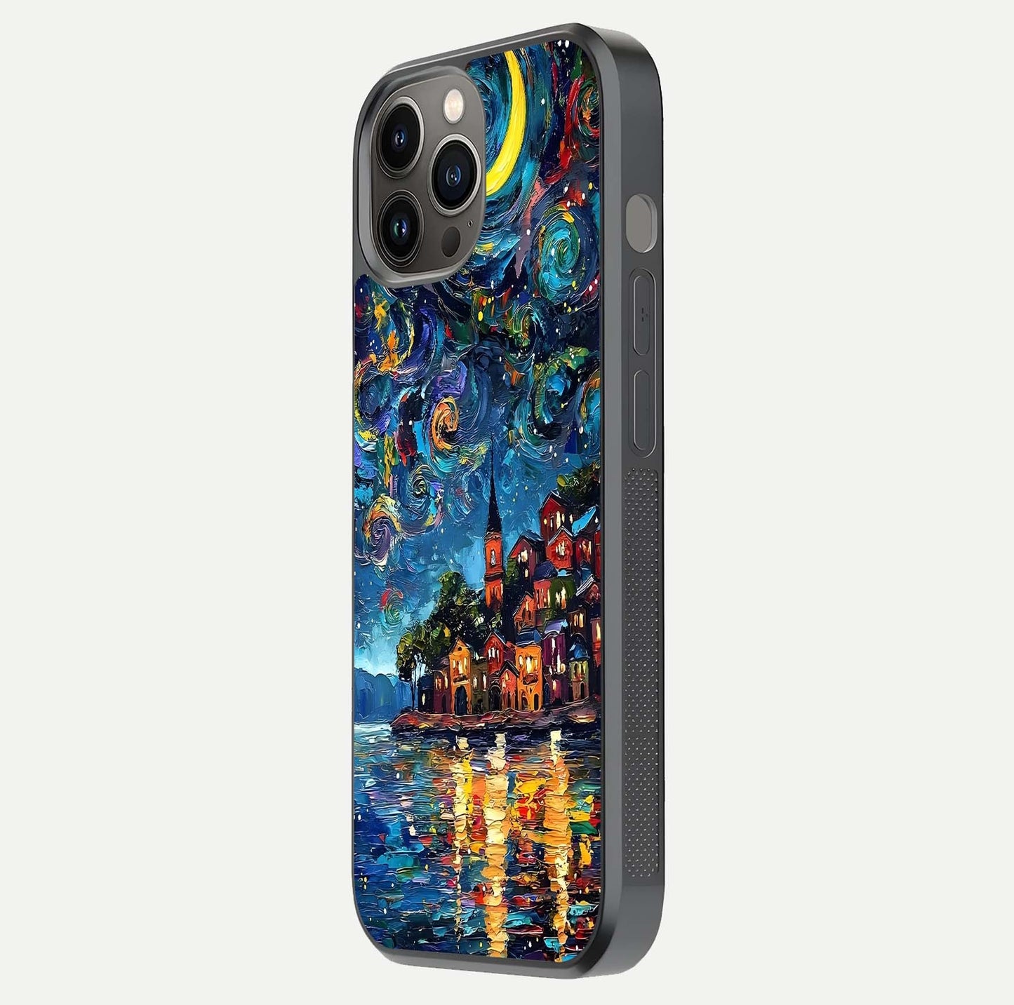 Moonlight Harbor Glow Glass Case for iPhone 12 Pro Max side-angle image showing reflective surface and ocean tones