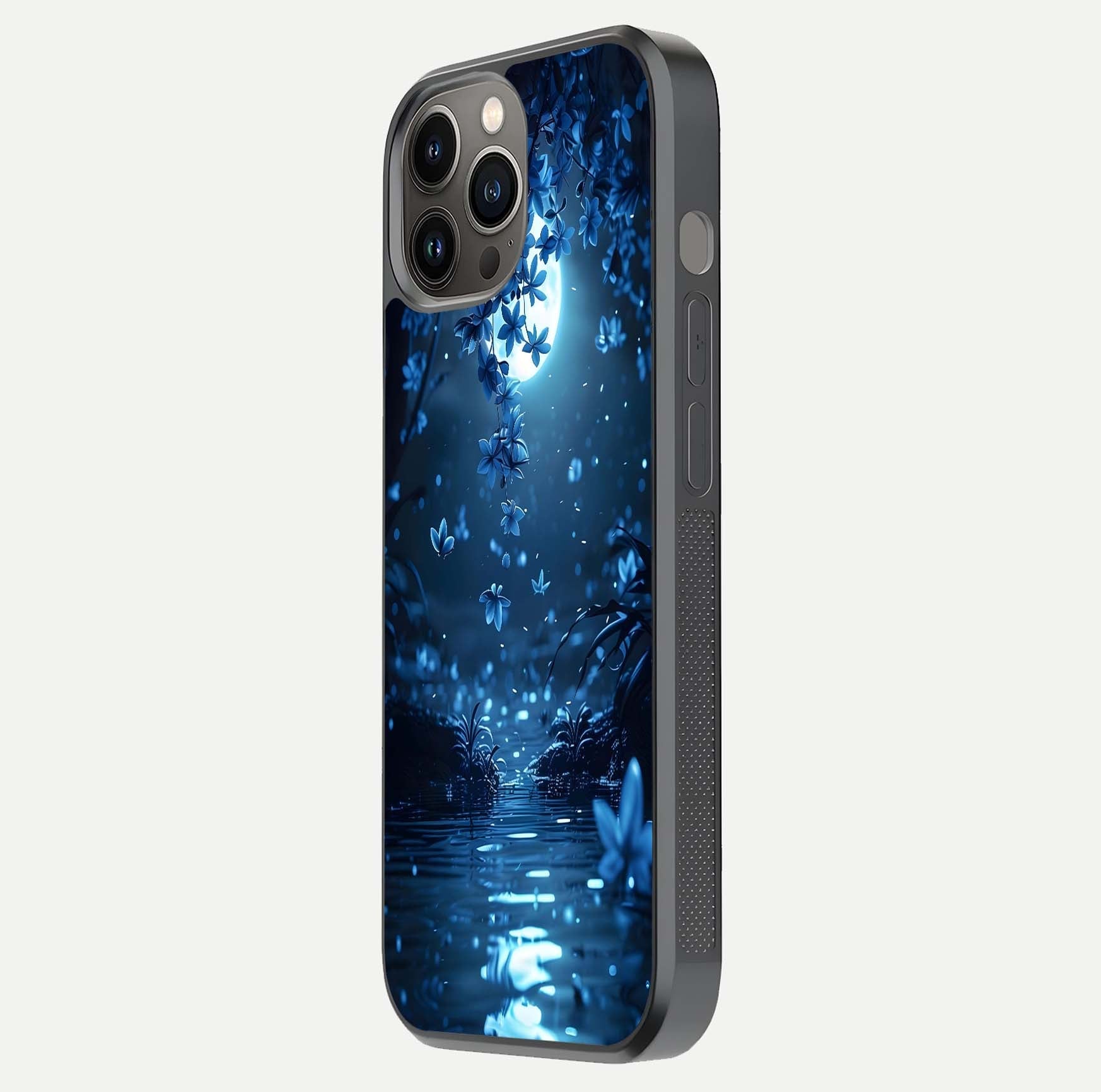 Moonlight Petal Dream Glass Case for iPhone 12 Pro Max side-angle image showing reflection and petal detail
