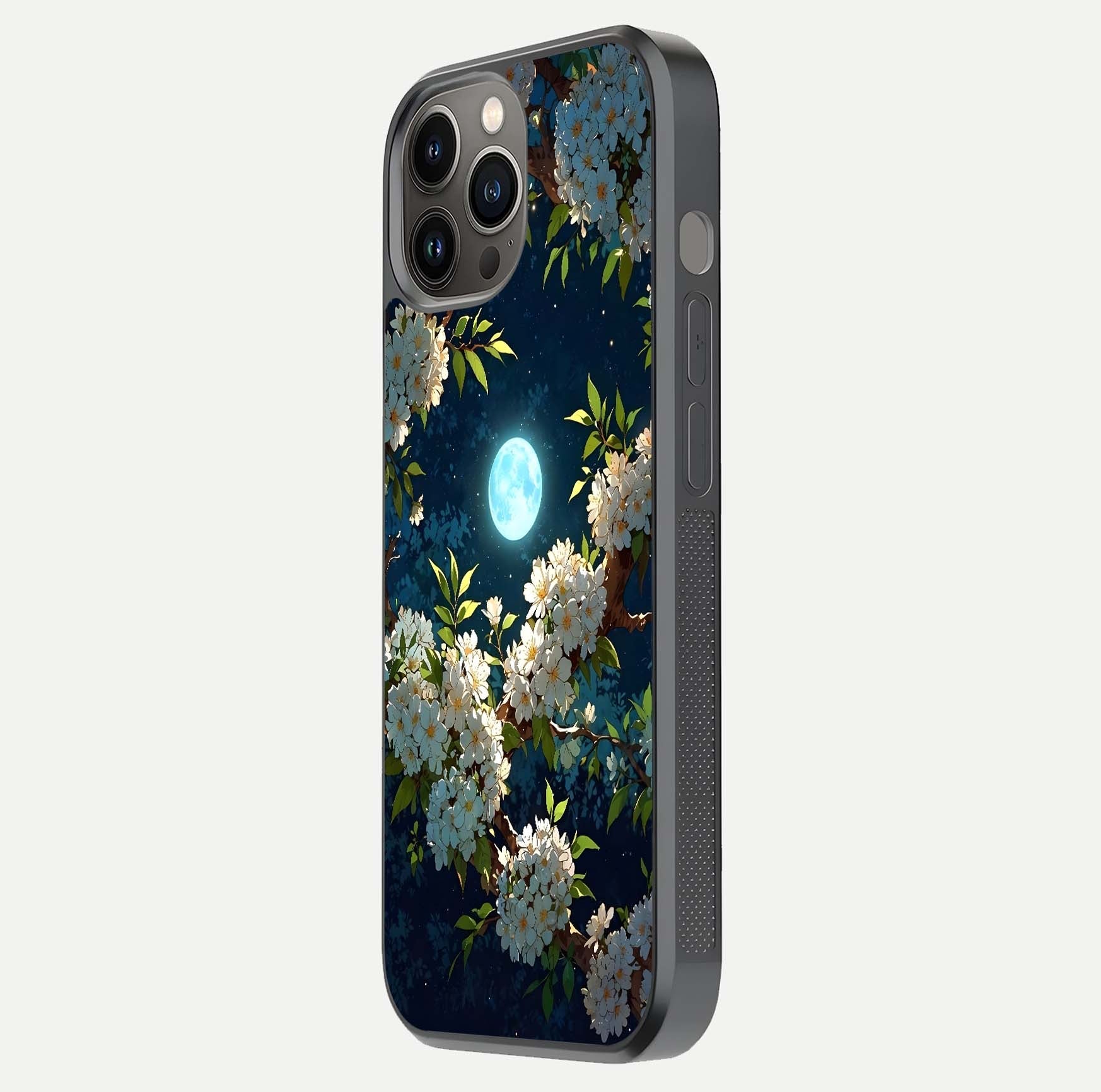 Moonlit Blossom Dream Glass Case for iPhone 12 Pro Max side-angle image showing shine depth and flower glow