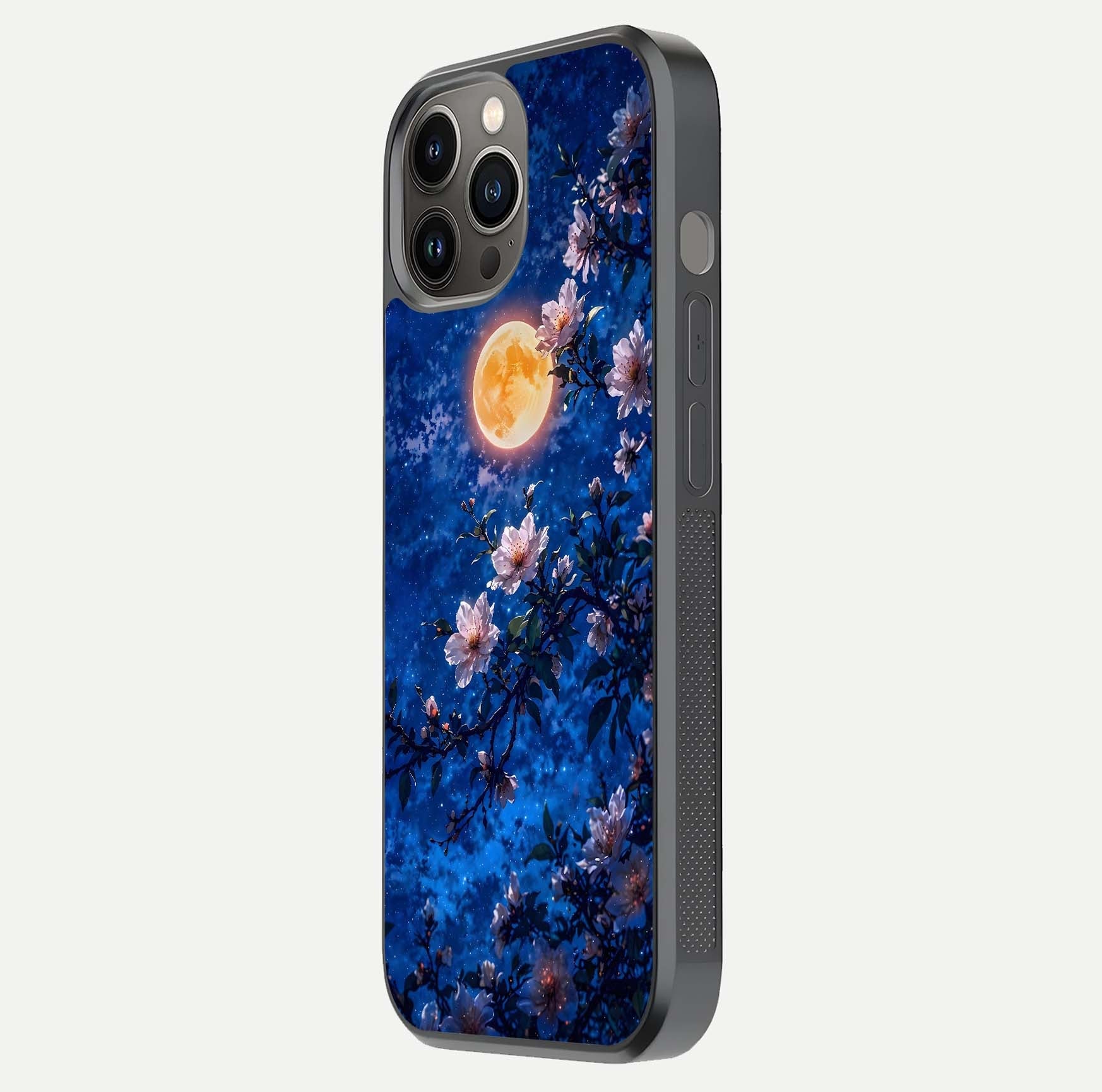 Moonlit Blossoms Night Glass Case for iPhone 12 Pro Max side-angle image revealing shine and night bloom texture