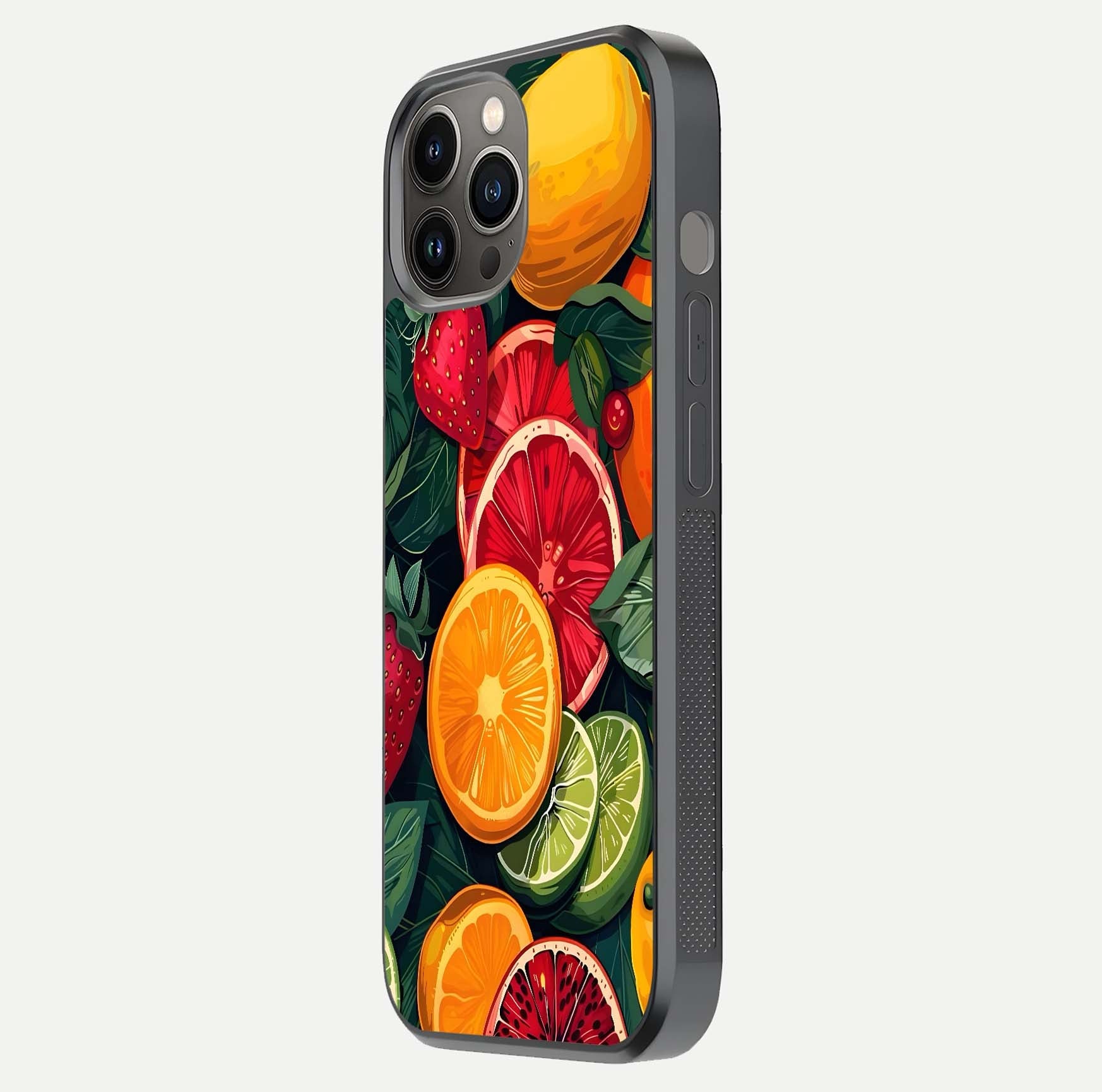 Multiple Fruits Glass Case for iPhone 12 Pro Max side-angle image showing glossy surface and vivid fruit pattern