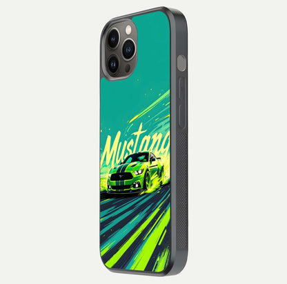 Mustang Bang Glass Case for iPhone 12 Pro Max side-angle image showing reflection clarity and bold car artwork