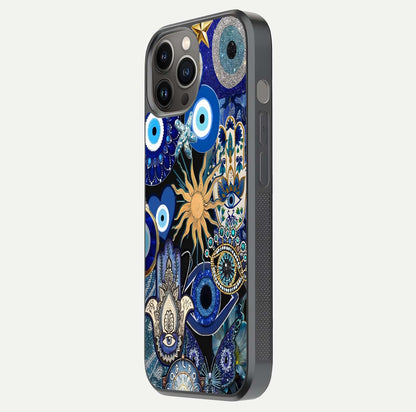 Mystic Blue Evil Eye Glass Case for iPhone 12 Pro Max side-angle image showing smooth gloss and charm design
