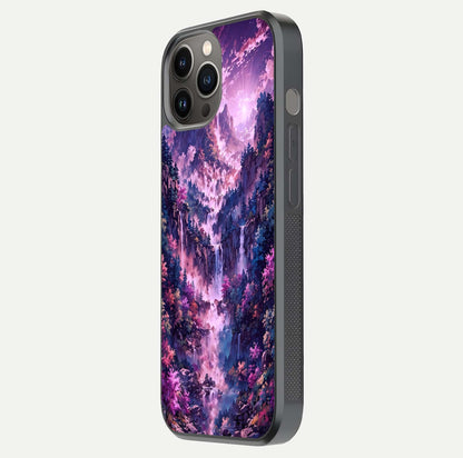 Mystic Cascade Peaks Glass Case for iPhone 12 Pro Max side-angle image showing reflection and scenic art clarity