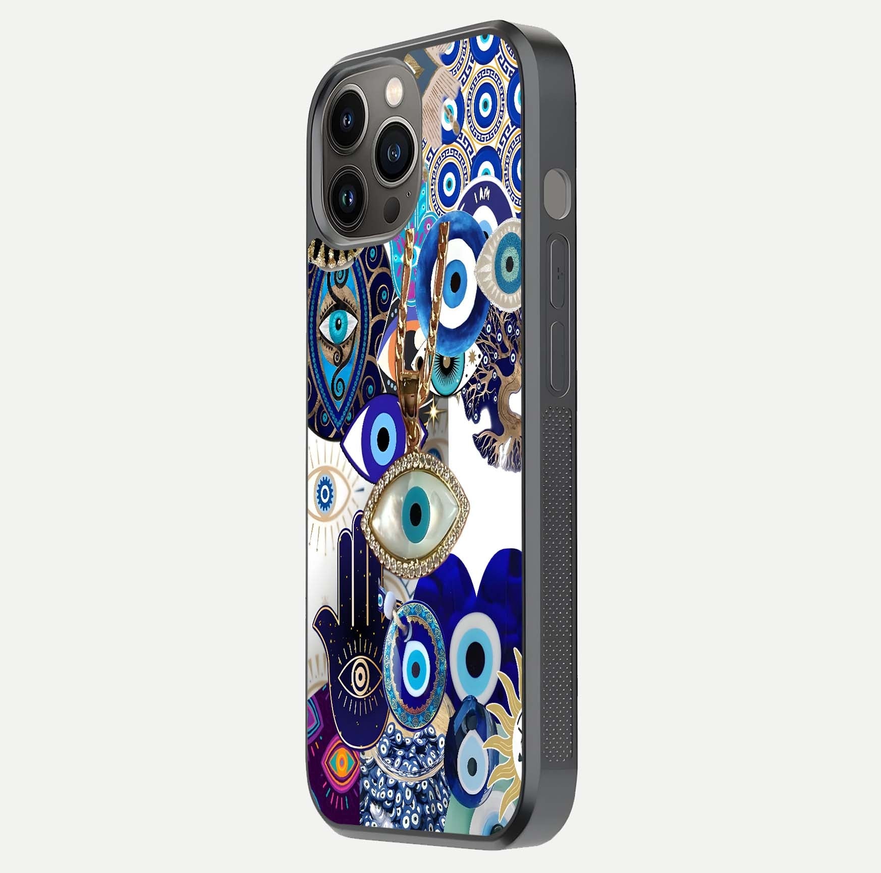 Mystic Charm Eye Glass Case for iPhone 12 Pro Max side-angle image showing HD reflection and sacred tone
