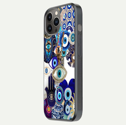 Mystic Charm Eye Glass Case for iPhone 12 Pro Max side-angle image showing HD reflection and sacred tone