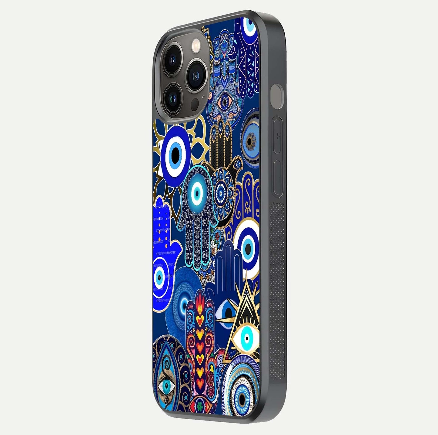 Mystic Palm Guard Glass Case for iPhone 12 Pro Max side-angle image showing shine depth and sacred motif