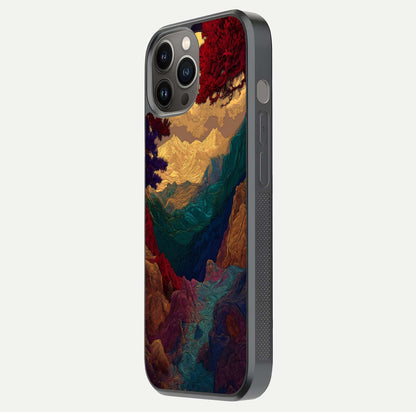 Mystic Valley Light Glass Case for iPhone 12 Pro Max side-angle image showing shine and peaceful hues