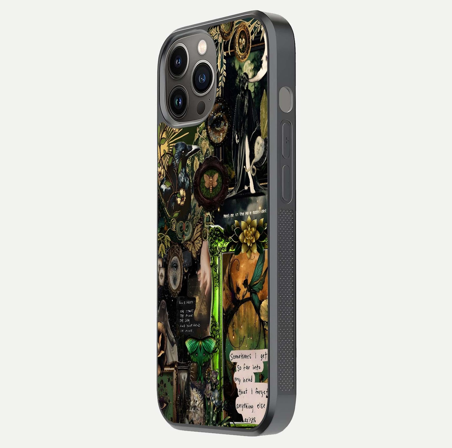 Mystic Woods Secret Glass Case for iPhone 12 Pro Max side-angle image showing gloss reflection and forest pattern