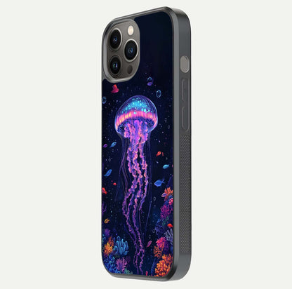 Neon Jellyfish Glass Case for iPhone 12 Pro Max side-angle image showing reflection and oceanic light detailing