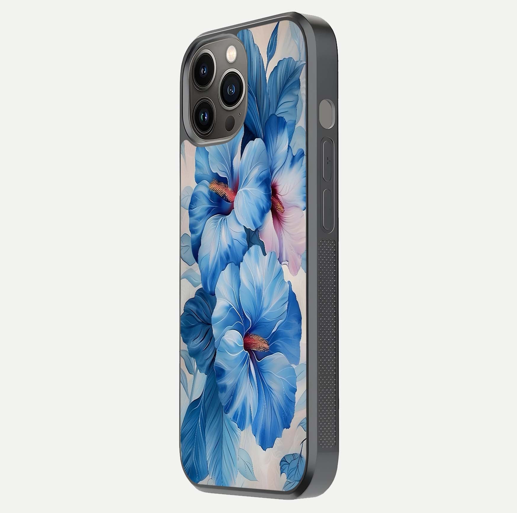 Ocean Hibiscus Grace Glass Case for iPhone 12 Pro Max side-angle image showing smooth texture and hibiscus details