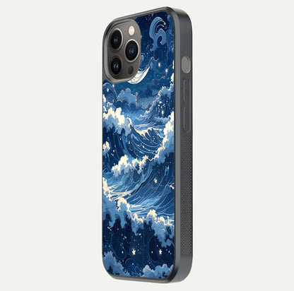 Ocean Moon Waves Glass Case for iPhone 12 Pro Max side-angle image showing shine and ocean gradient tones