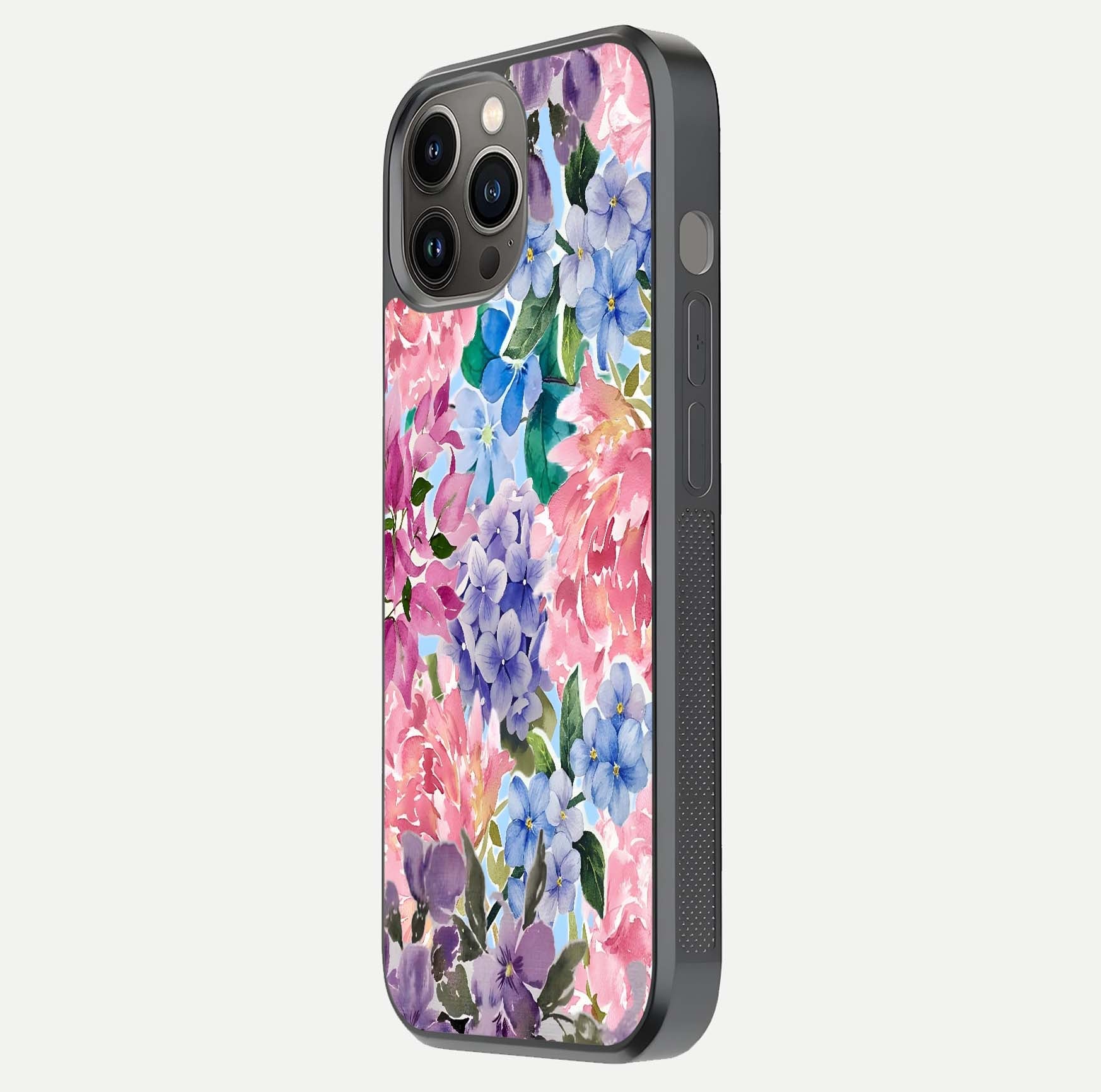 Pastel Floral Mix Glass Case for iPhone 12 Pro Max side-angle image showing reflection and delicate pastel hues