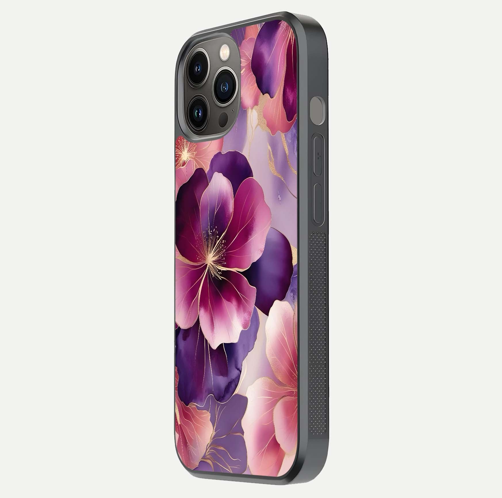 Pink Bouquet Florals Glass Case for iPhone 12 Pro Max side-angle image showing floral texture and reflection clarity