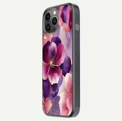 Pink Bouquet Florals Glass Case for iPhone 12 Pro Max side-angle image showing floral texture and reflection clarity