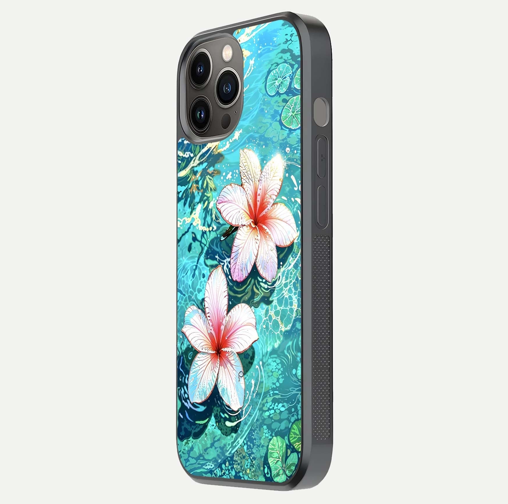 Pink Flowers in Water Glass Case for iPhone 12 Pro Max side-angle image showing reflection and depth of detail