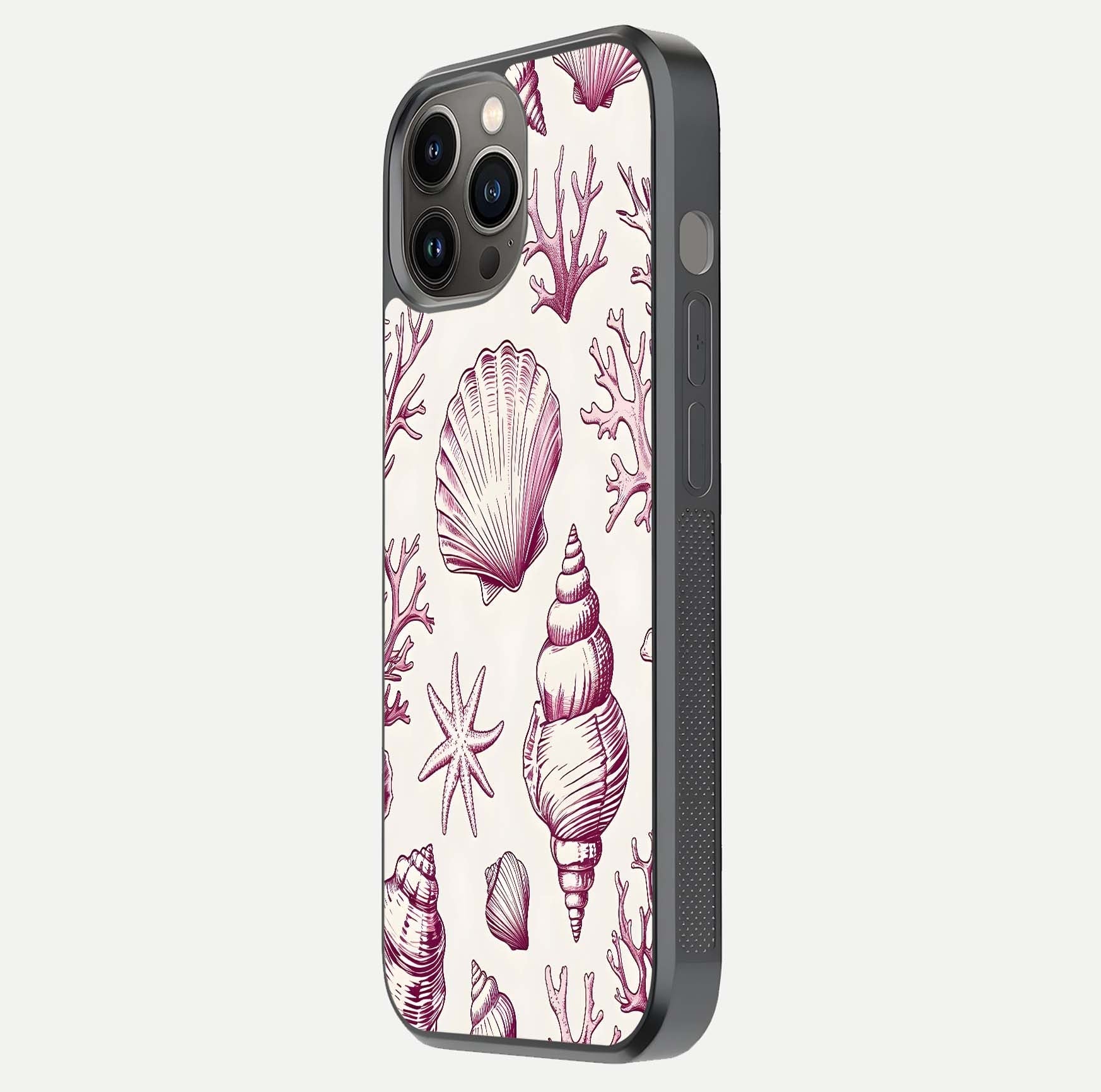 Pink Shells Outline Glass Case for iPhone 12 Pro Max side-angle image showing shine and intricate outline texture