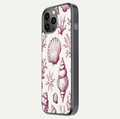 Pink Shells Outline Glass Case for iPhone 12 Pro Max side-angle image showing shine and intricate outline texture