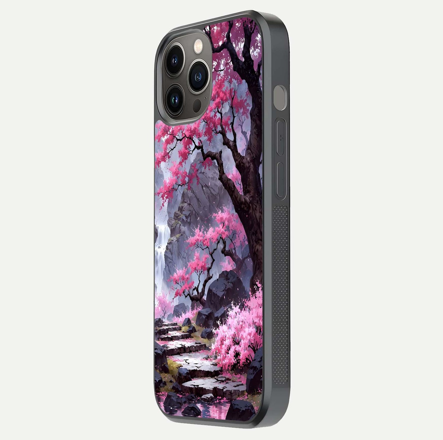 Pinkish Scenery Glass Case for iPhone 12 Pro Max side-angle image showing depth, gloss, and scenic details