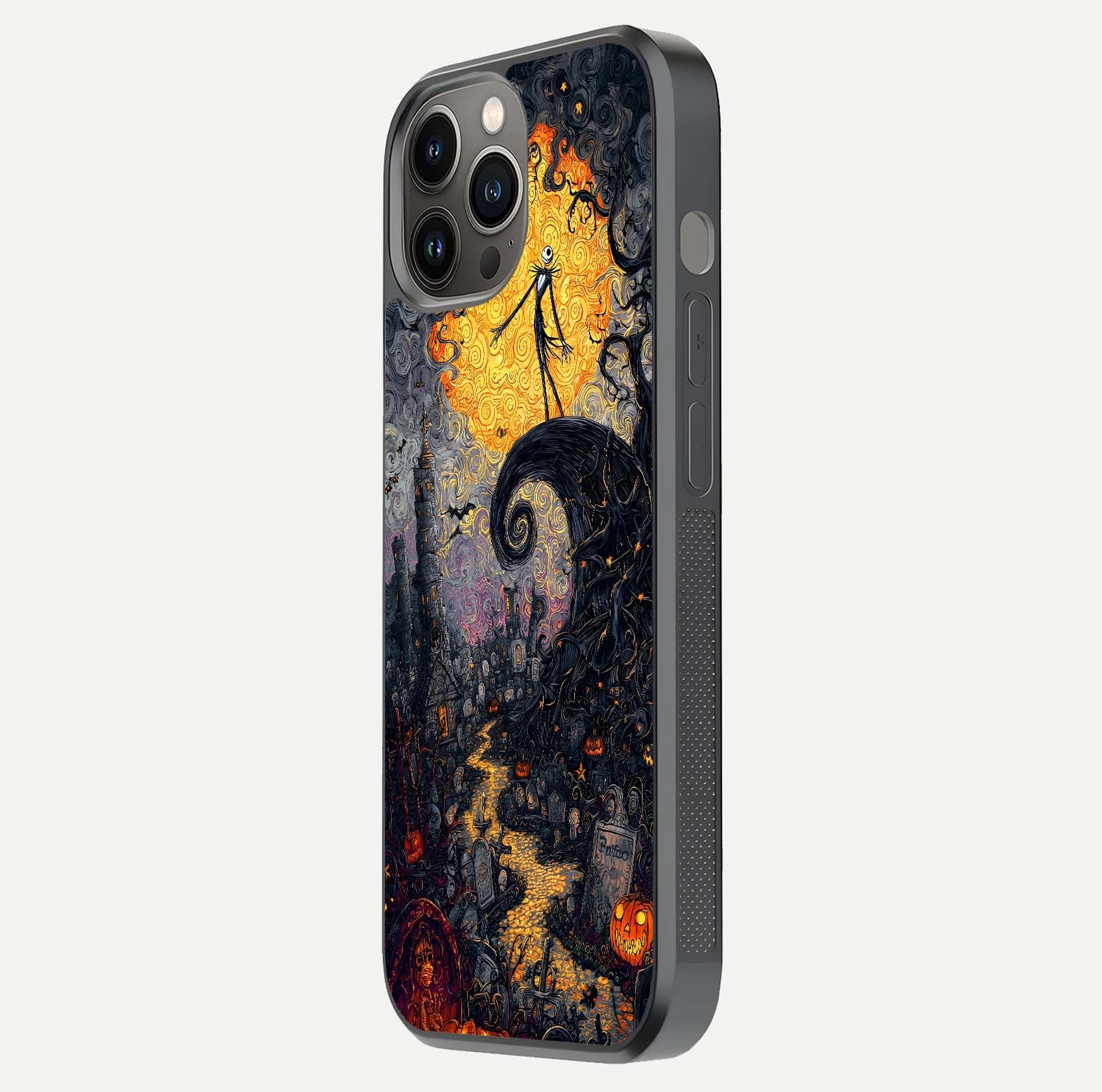 Pumpkin Moon Night Glass Case for iPhone 12 Pro Max side-angle image showing reflection depth and pumpkin pattern