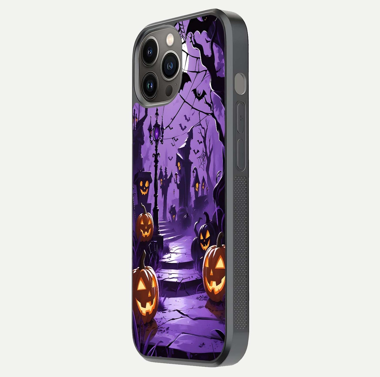 Pumpkin Patch Halloween Glass Case for iPhone 12 Pro Max side-angle image showing shine, camera cutout, and spooky art