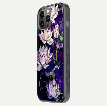 Purple Lotus Pattern Glass Case for iPhone 12 Pro Max side-angle image showing reflection depth and lotus detail