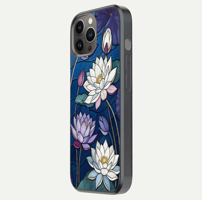 Purple Lotus Stained Glass Case for iPhone 12 Pro Max side-angle image showing gloss, reflection, and intricate detailing