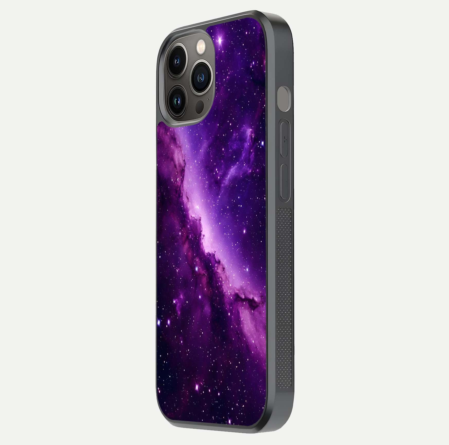Purple Shade Sky Glass Case for iPhone 12 Pro Max side-angle image showing shine and soft violet blend