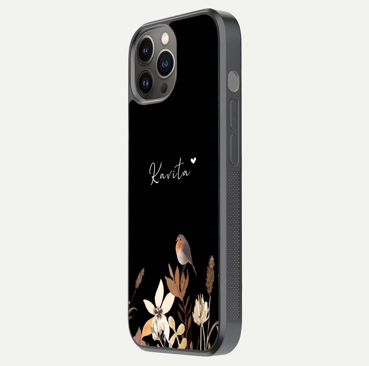 Quiet Garden Tune Custom Name Glass Case for iPhone 12 Pro Max side-angle image showing reflection and floral design