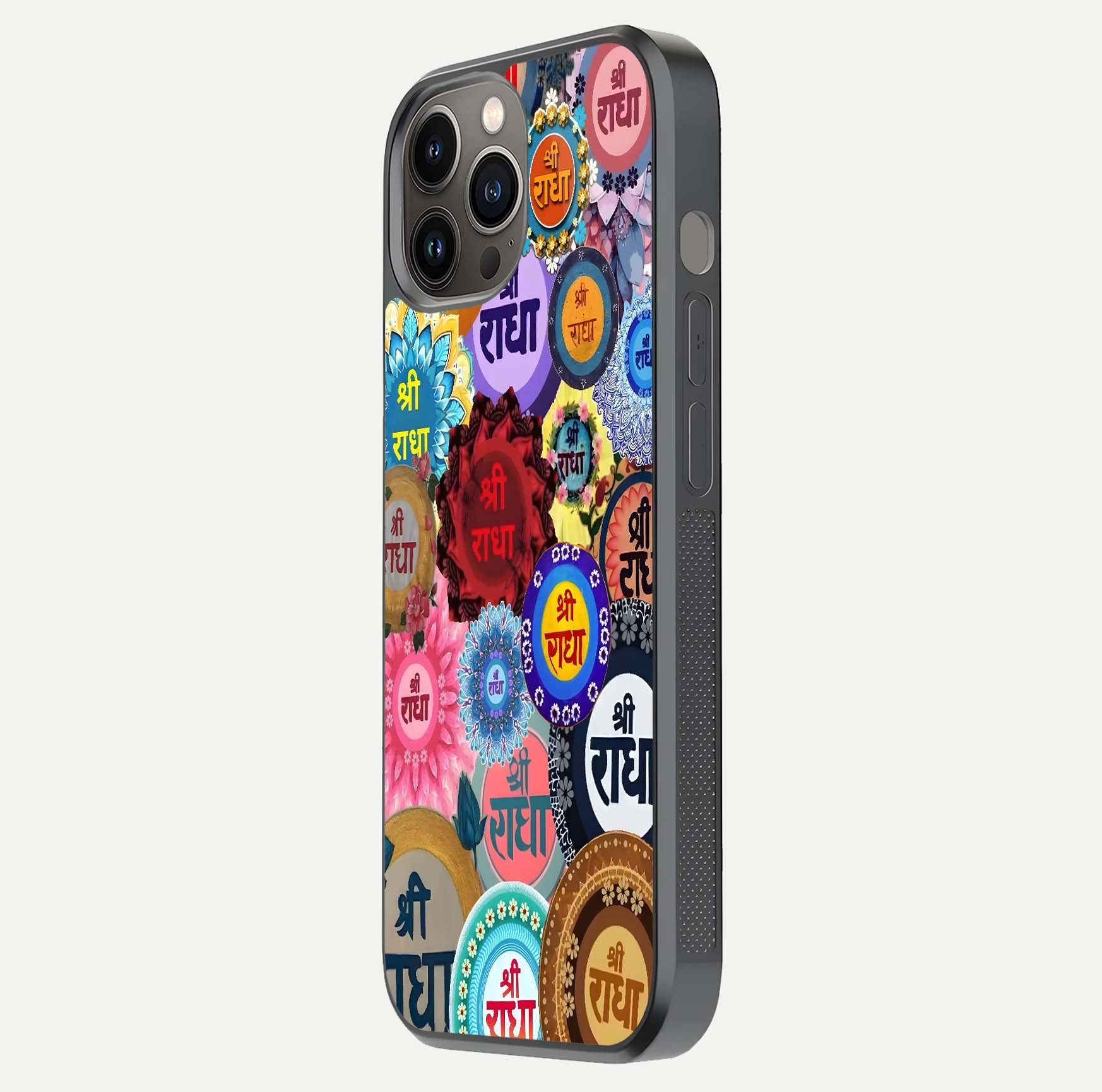 Radha Divine Bloom Glass Case for iPhone 12 Pro Max side-angle image showing shine, reflection, and floral motif