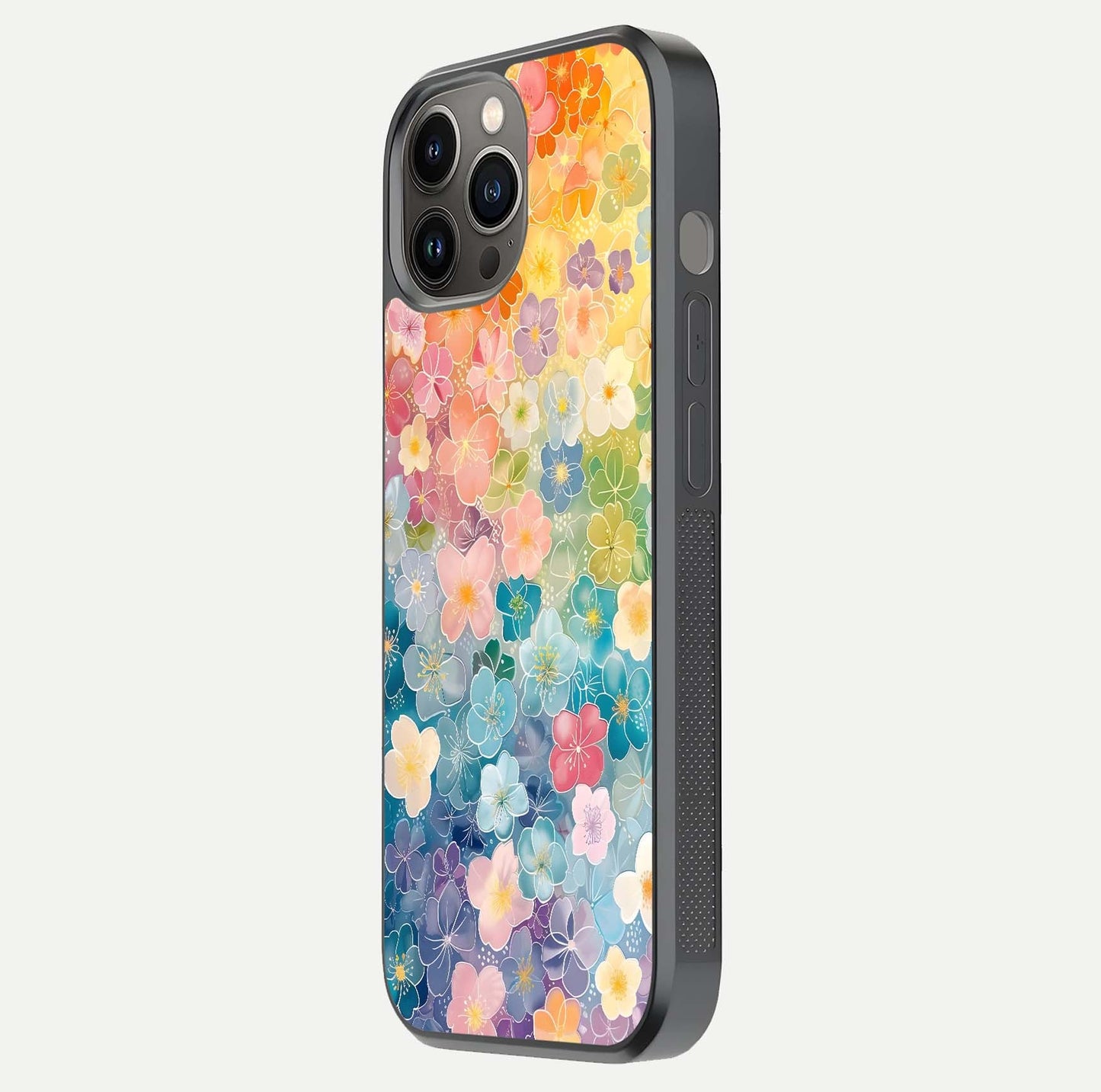 Rainbow Blossom Burst Glass Case for iPhone 12 Pro Max side-angle image showing reflection and floral burst detail