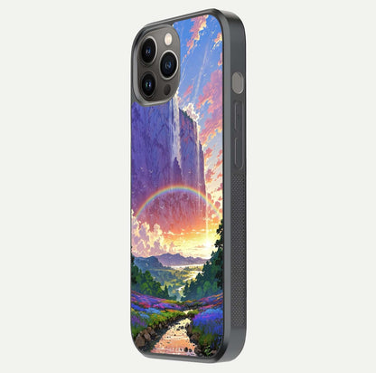 Rainbow Valley Dream Glass Case for iPhone 12 Pro Max side-angle image showing light reflection and scenic tones