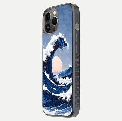 Rising Tide Power Glass Case for iPhone 12 Pro Max side-angle image showing shine and detailed ocean art