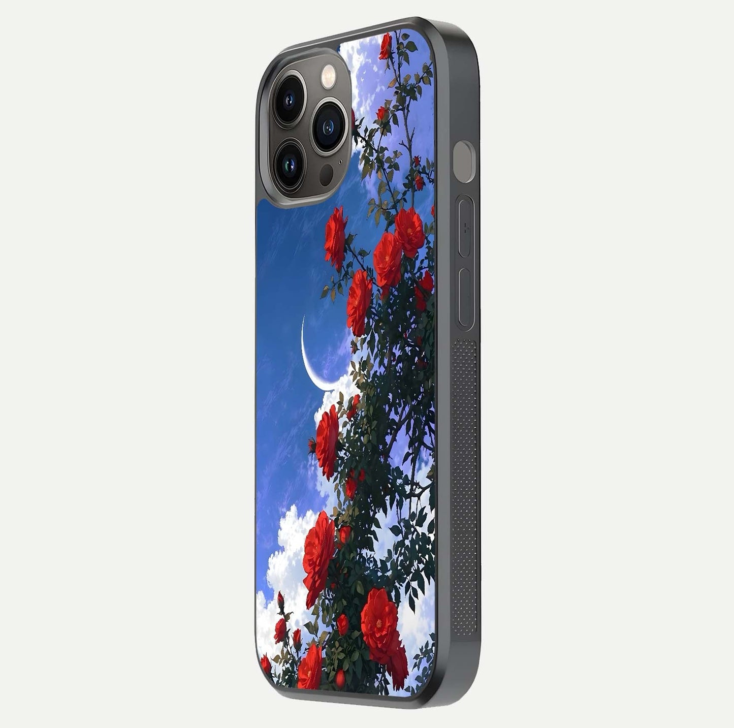 Rose Drift Flowers Glass Case for iPhone 12 Pro Max side-angle image showing reflection and petal detail