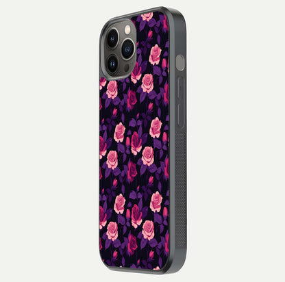 Rose Garden Twilight Glass Case for iPhone 12 Pro Max side-angle image showing reflection, gloss, and floral detail