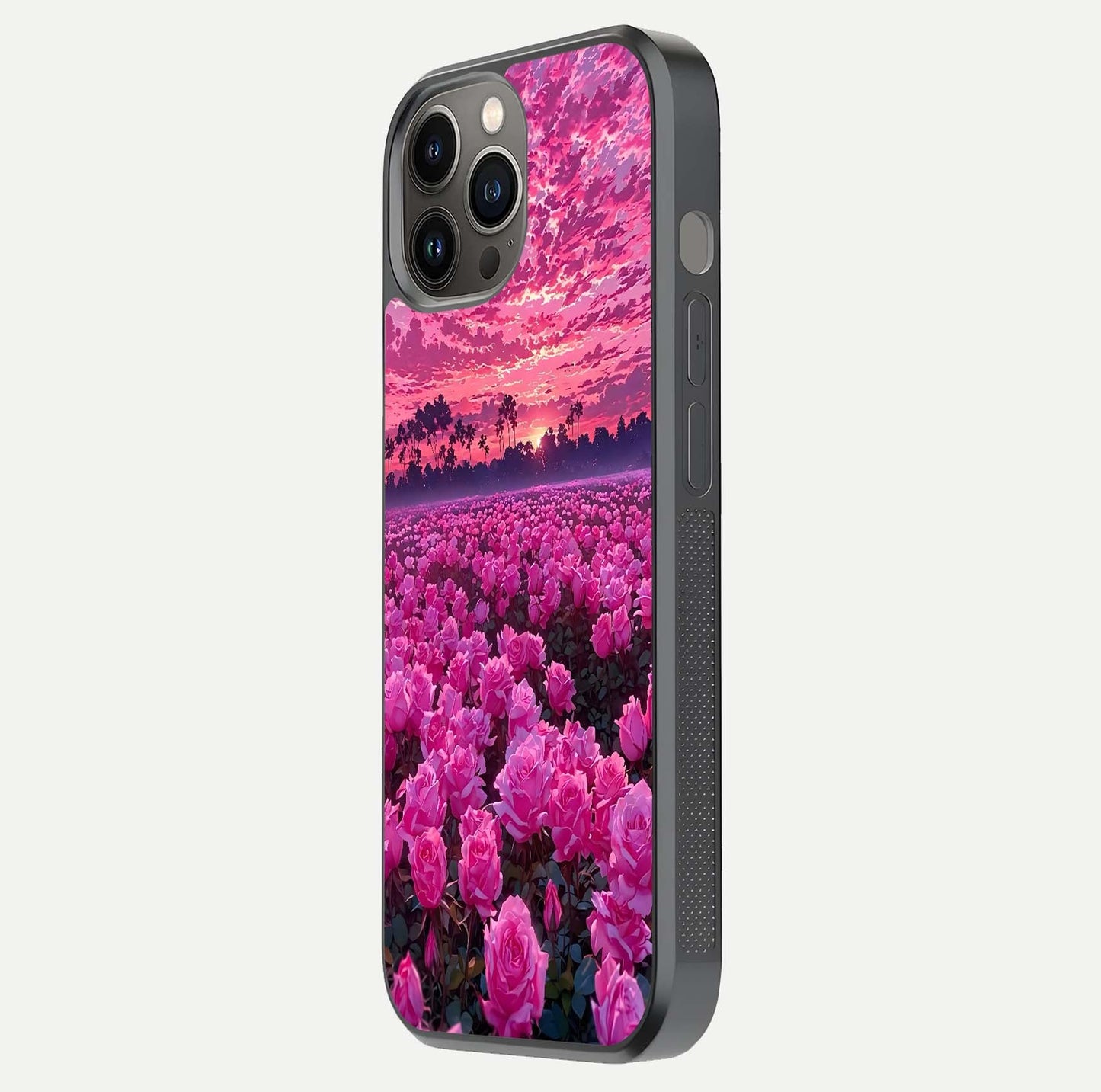 Rose Sunset Valley Glass Case for iPhone 12 Pro Max side-angle image showing smooth edges and floral glow