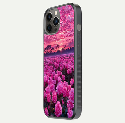 Rose Sunset Valley Glass Case for iPhone 12 Pro Max side-angle image showing smooth edges and floral glow