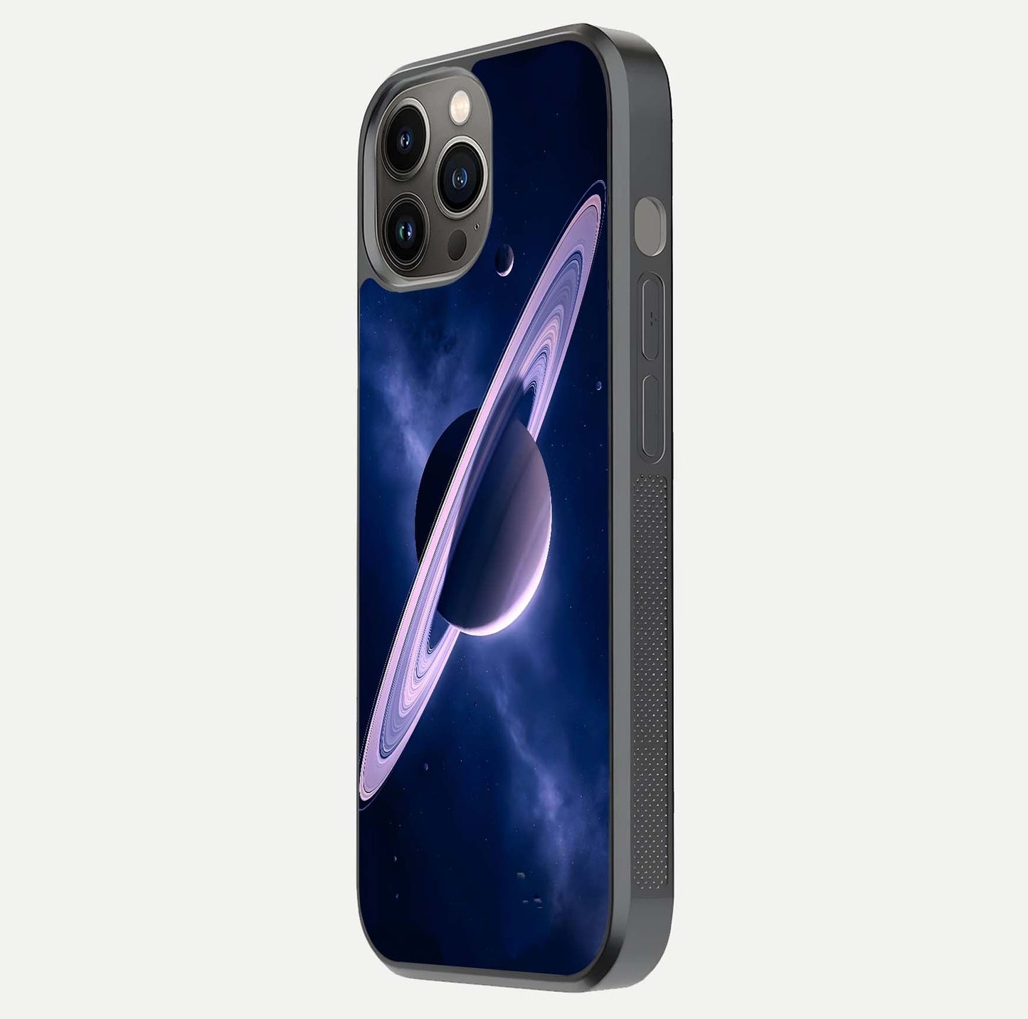 Saturn Ring Mystique Glass Case for iPhone 12 Pro Max side-angle image showing shine and galaxy ring focus