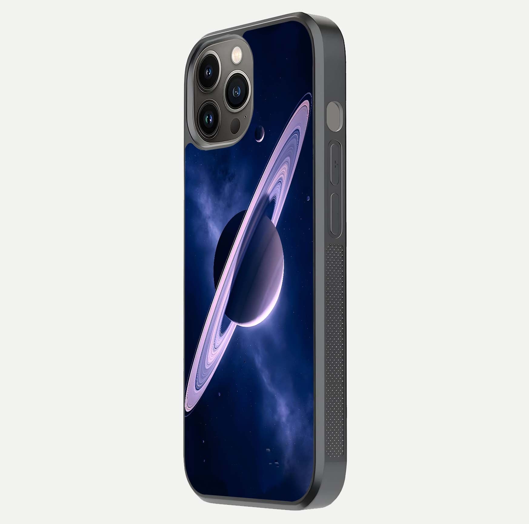 Saturn Ring Mystique Glass Case for iPhone 12 Pro Max side-angle image showing shine and galaxy ring focus