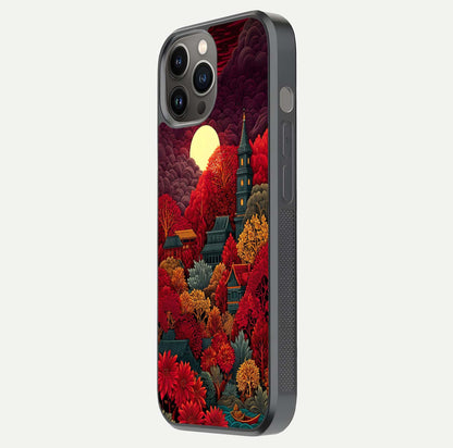 Scarlet Autumn Temple Glass Case for iPhone 12 Pro Max side-angle image showing color depth and reflection clarity
