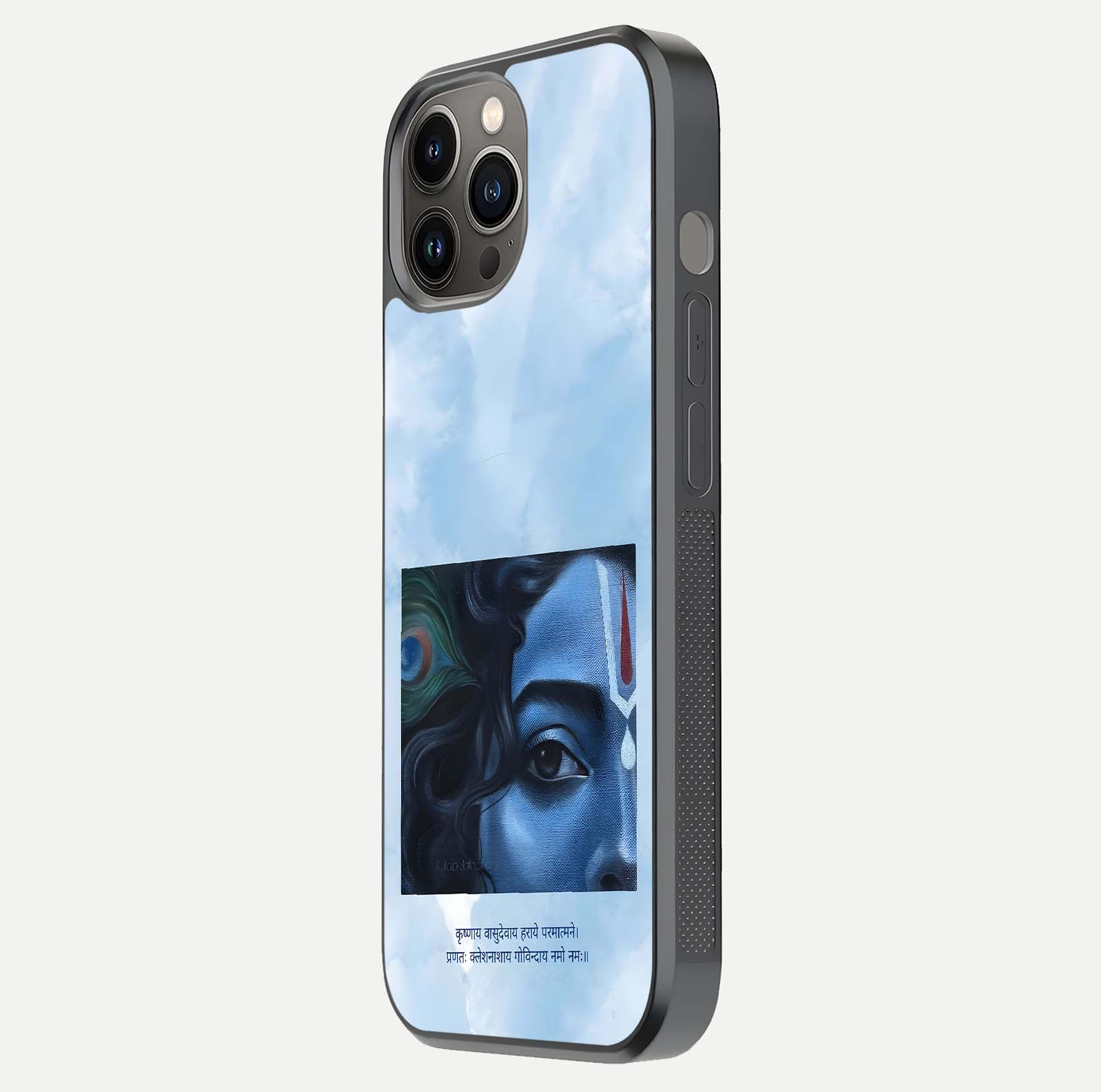 Spiritual Krishna Glass Case for iPhone 12 Pro Max side-angle image showing reflection and vivid artwork clarity