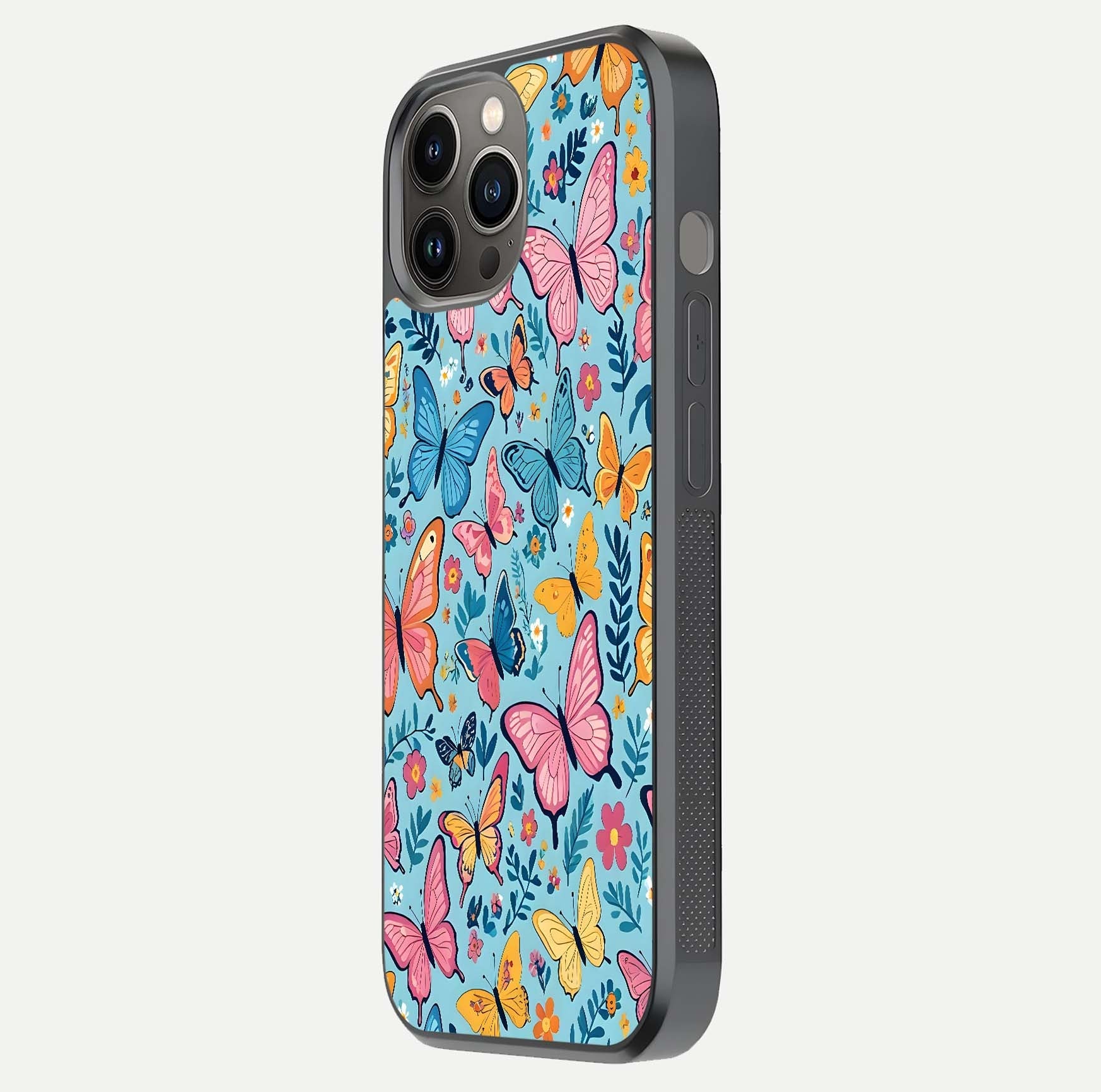 Spring Wing Garden Glass Case for iPhone 12 Pro Max side-angle image showing shine, color, and pattern depth