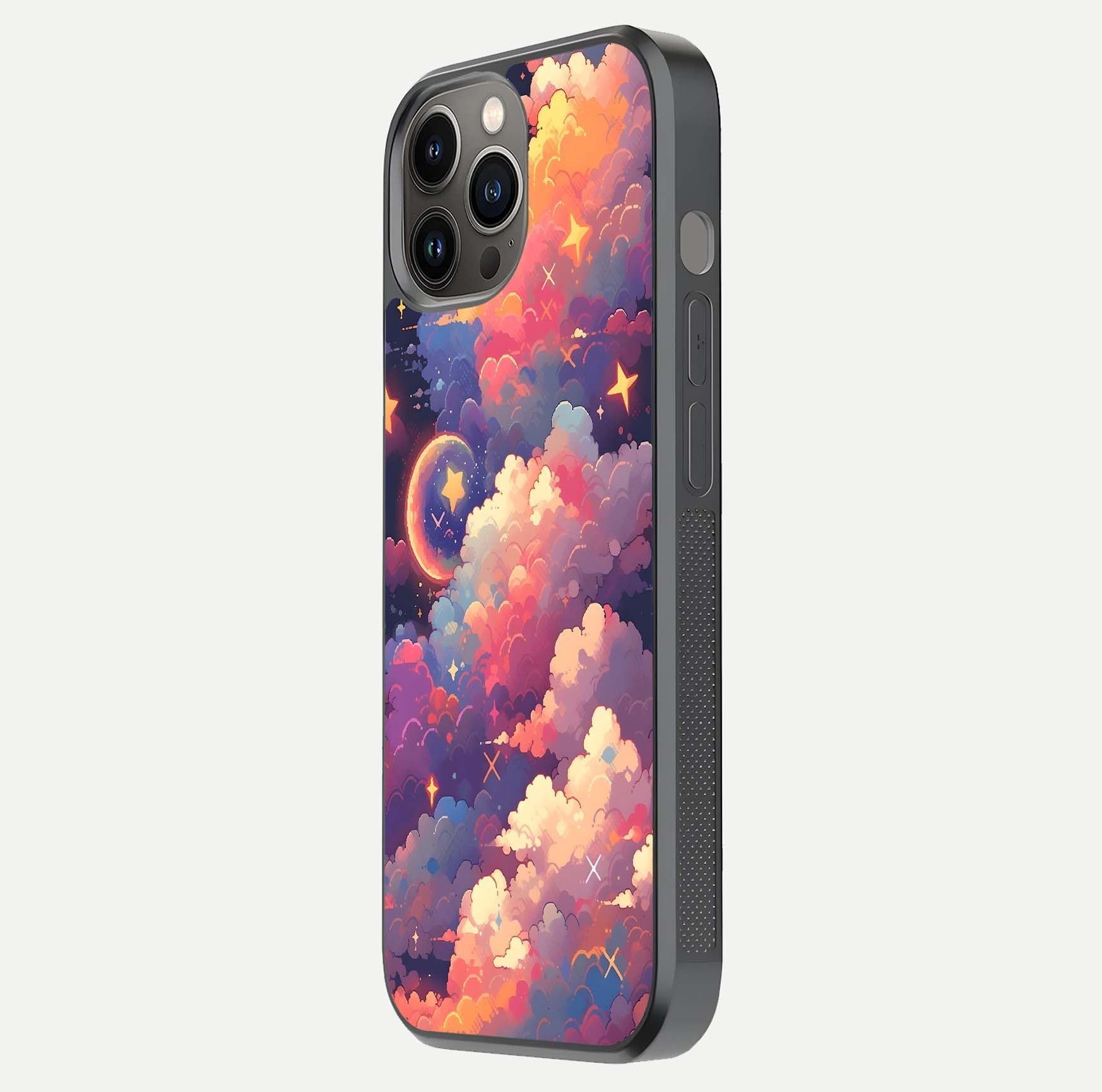 Starlit Dream Clouds Glass Case for iPhone 12 Pro Max side-angle image showing shine, reflection, and dreamy tones