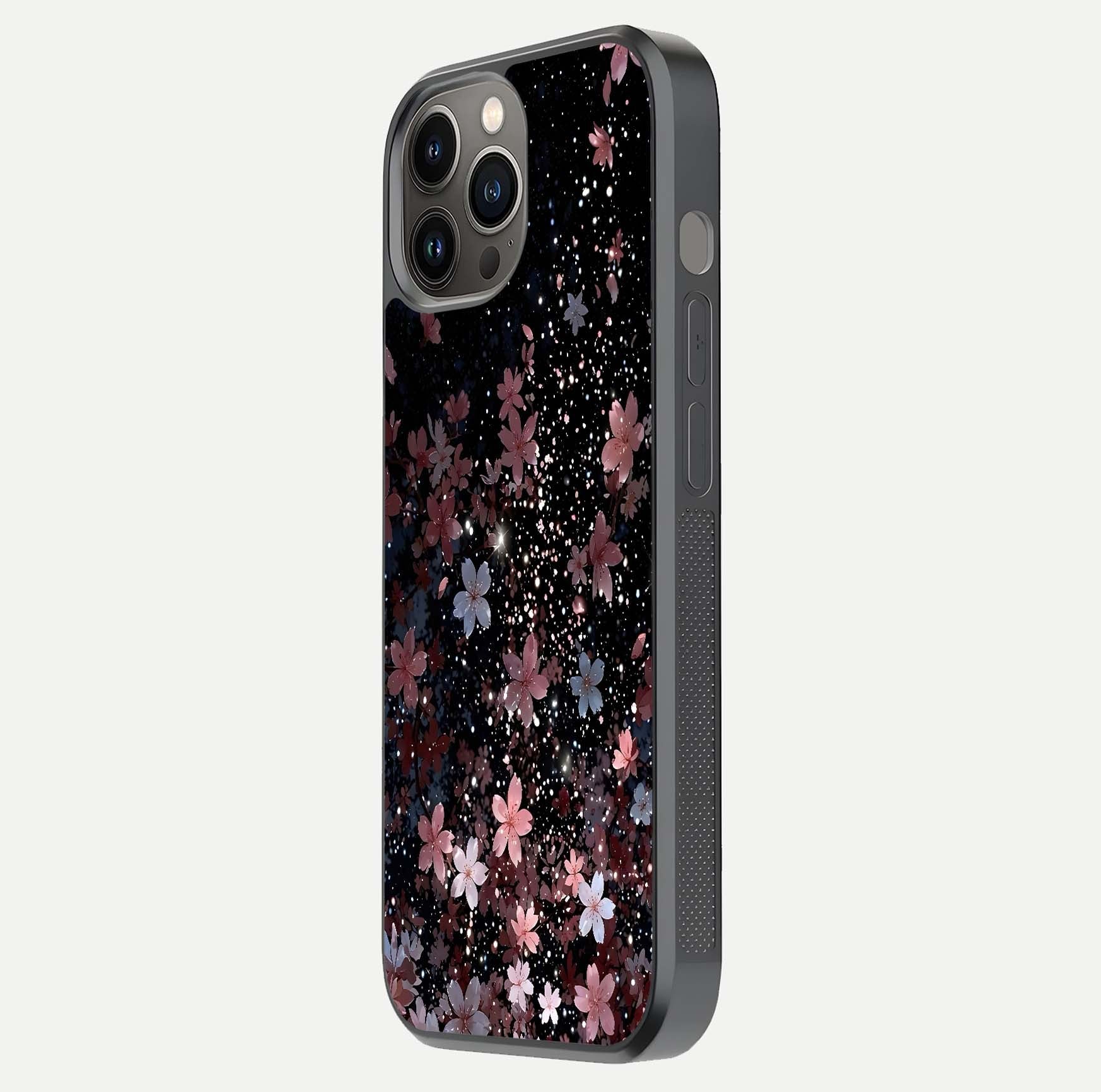 Starlit Flower Dreams Glass Case for iPhone 12 Pro Max side-angle image showing shine, edge detail, and floral contrast