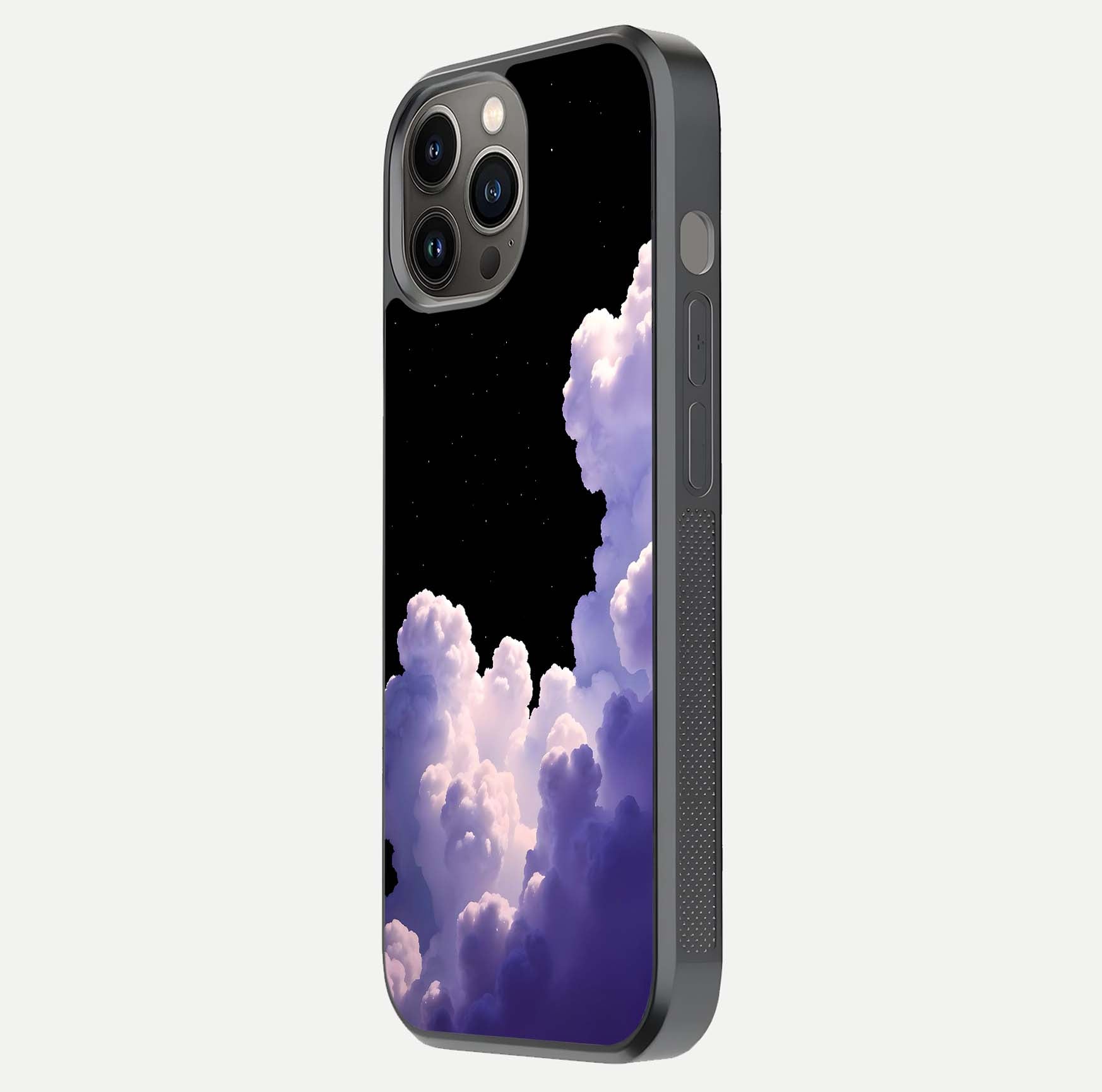 Starlit Night Whispers Glass Case for iPhone 12 Pro Max side-angle image showing reflection and night pattern shine