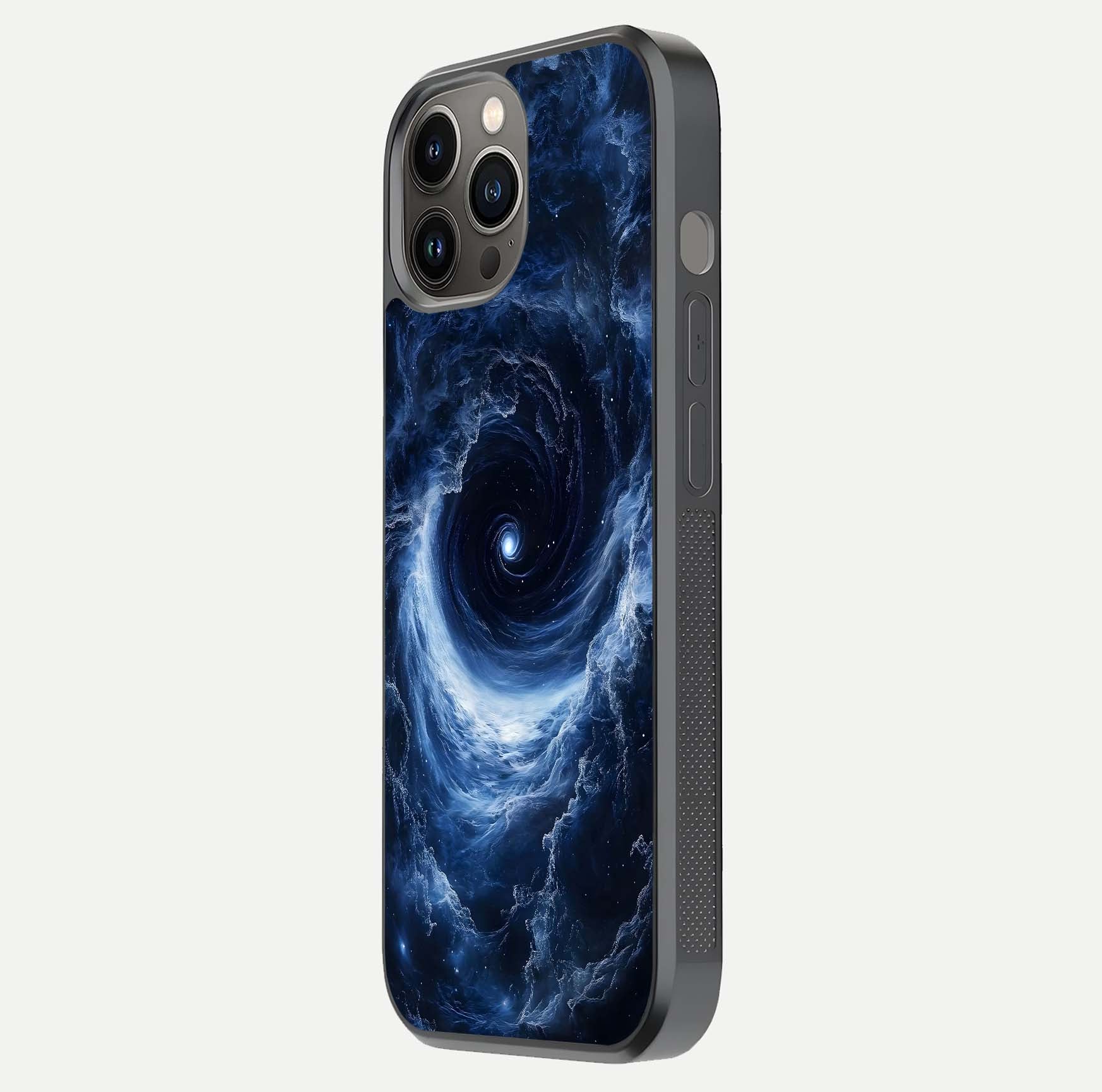 Stunning Galaxy Glass Case for iPhone 12 Pro Max side-angle image showing glossy reflection and space detailing