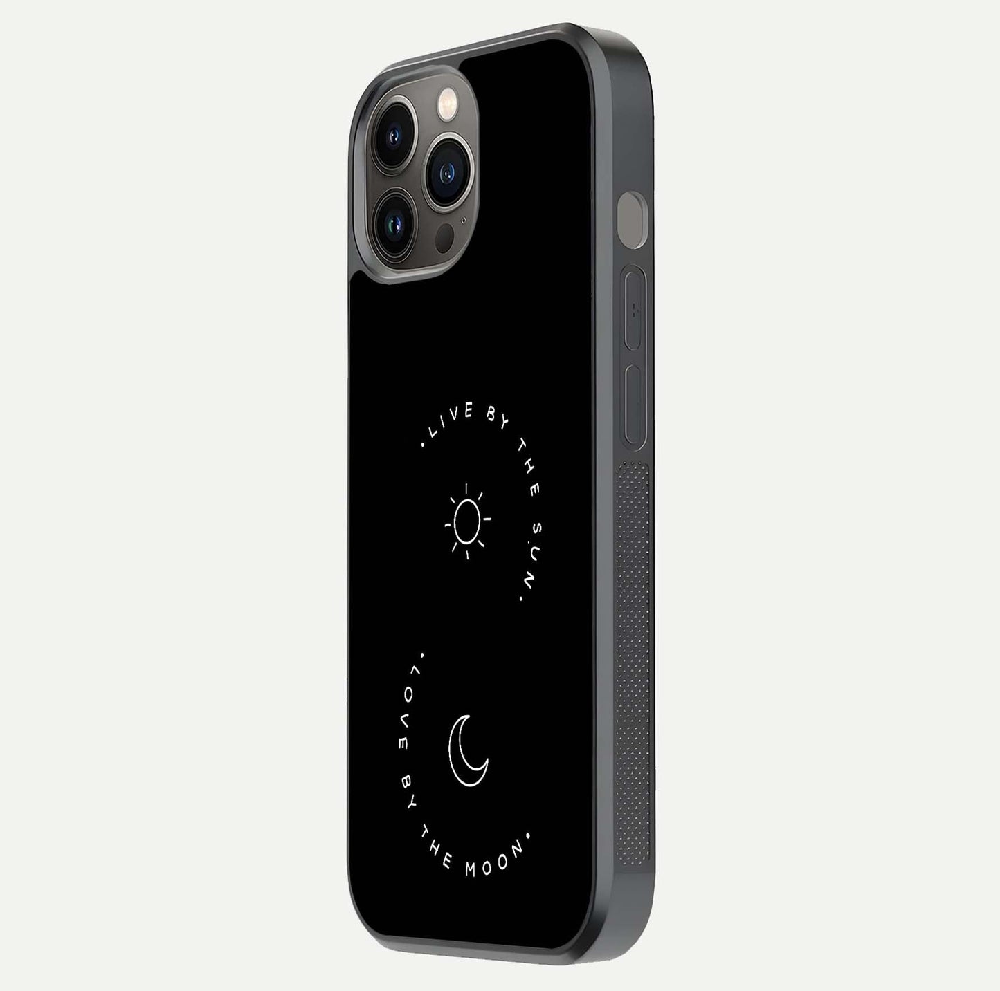 Sun Moon Balance Glass Case for iPhone 12 Pro Max side-angle image showing reflection and celestial detailing