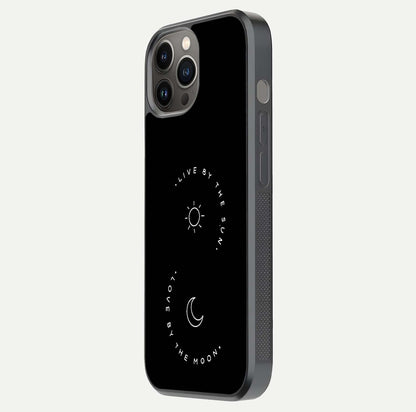 Sun Moon Balance Glass Case for iPhone 12 Pro Max side-angle image showing reflection and celestial detailing